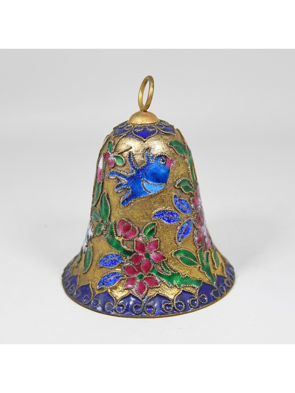 Enamel Cloisonne Bell Christmas Ornament Cobalt Blue Bird Floral Gold Vintage